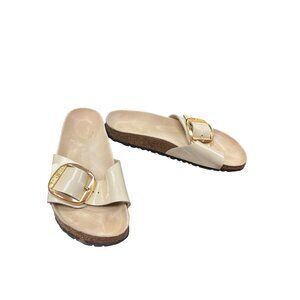 Birkenstock wms tan gold buckle open toe sliders sandals sz 10 SKU 9970